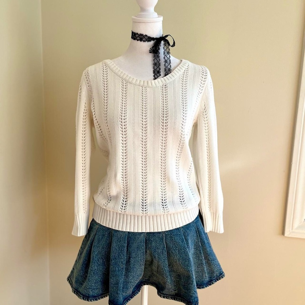 Coquette White Pointelle Crochet Knit Sweater Top Girly Lolita Lace Preppy M - Picture 5 of 10